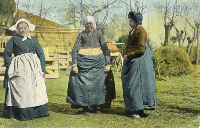 8946 Groepsportret van drie vrouwen in klederdracht op een boerenerf in Spakenburg (gemeente Bunschoten).